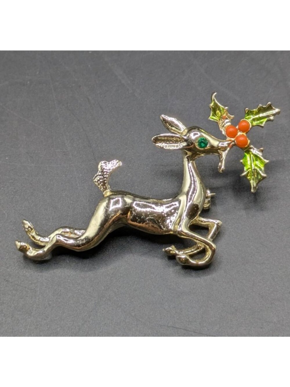 Vintage Reindeer Christmas Brooch Pin Gold Tone Enameled Holly Green Eye 2"